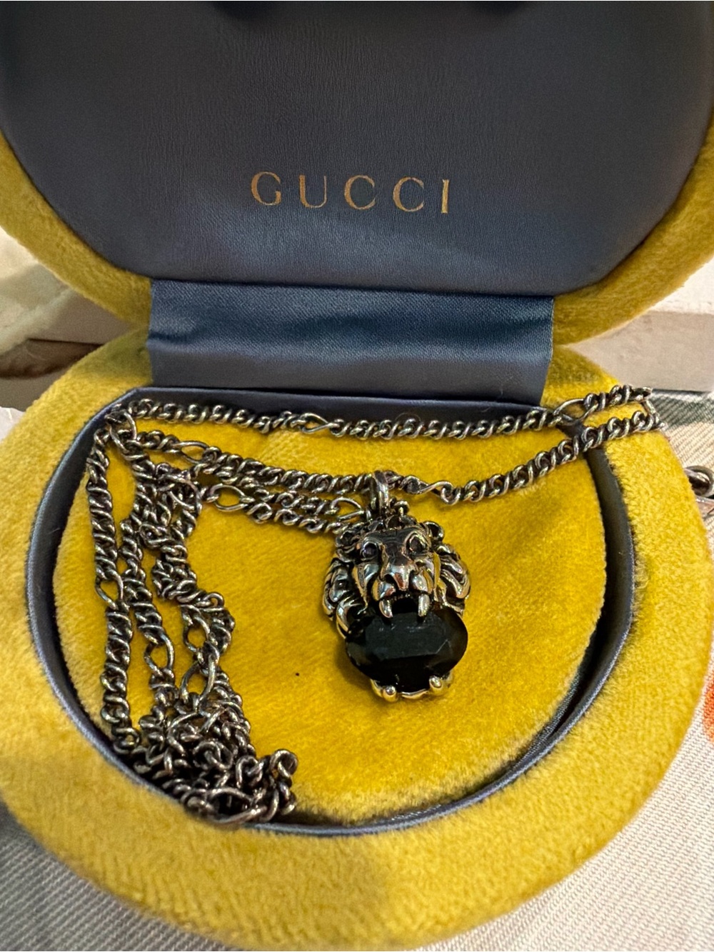 Gucci Lion Head Black Crystal Stone Pendant Necklace w/ Gunmetal-Tone Chain EUC